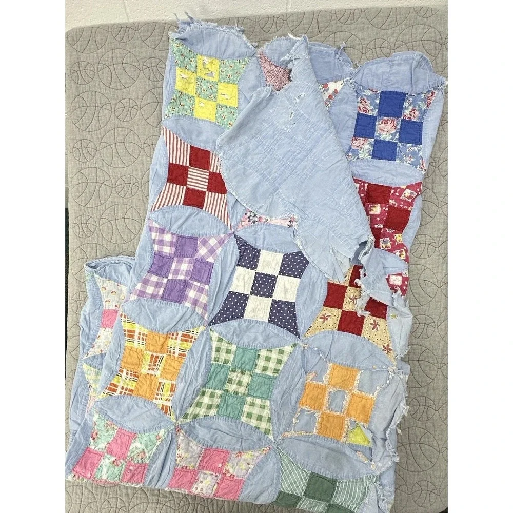 Antique Cutter Quilt Blue Drunkards‎ Path Patchwork Primitive Fabric Handmade